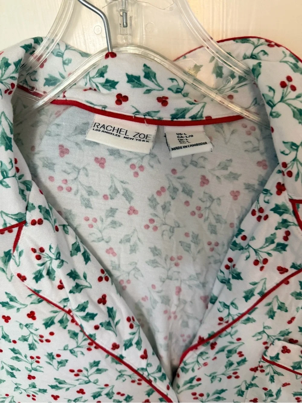 Rachel Zoe White Floral Lounge Pajama Set with Red Trim